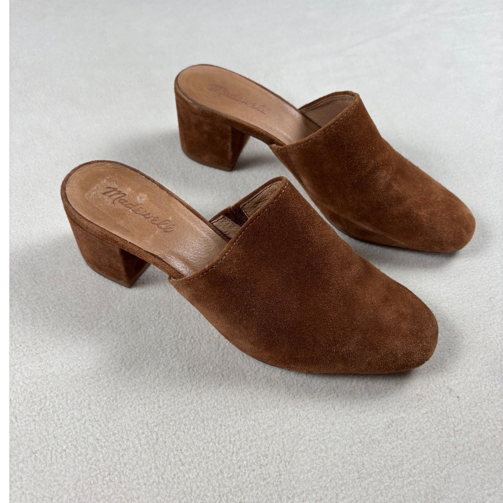 Madewell Brown Suede Block Heel Mules‎ Women Shoes Size 8.5
